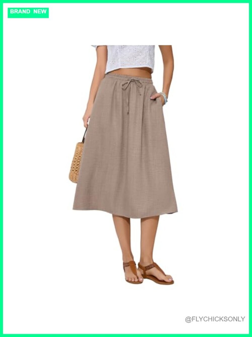 Boho Midi Skirt with Pockets High Waisted A-Line Flowy Summer Skirt